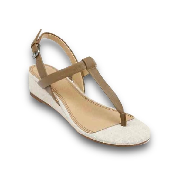 SPLENDID T Strap Beige Linen and Taupe Leather  Wedge Sandals NEW IN BOX SZ 9 - Picture 4 of 11